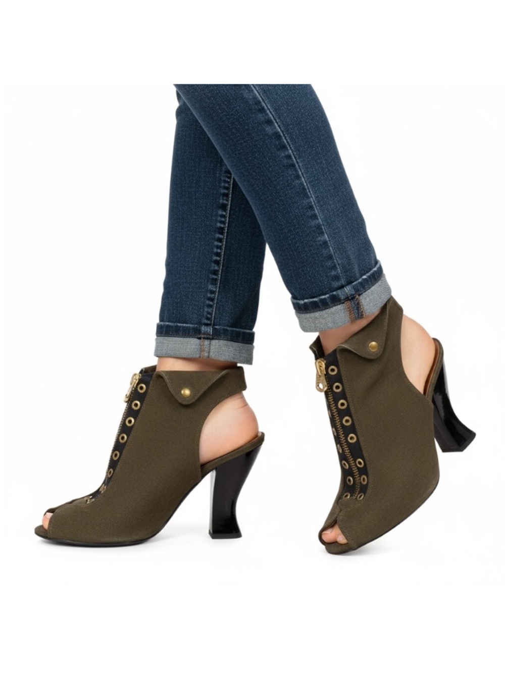 Women's Olive Leather Peep-Toe Heels with Gold Hardware